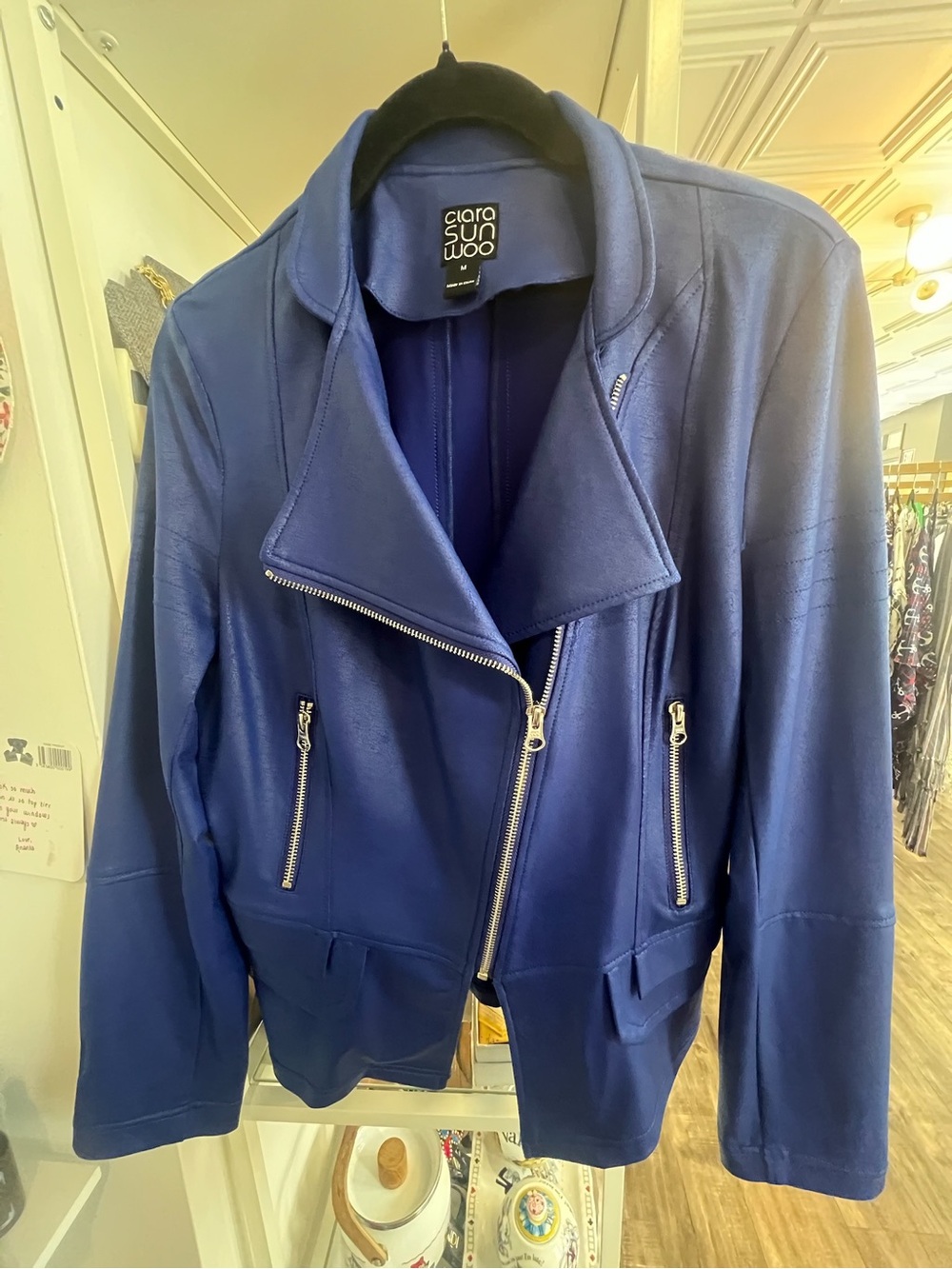 Clara Sun Woo Electric Blue Faux-Leather Moto Jacket - Picture 2 of 4